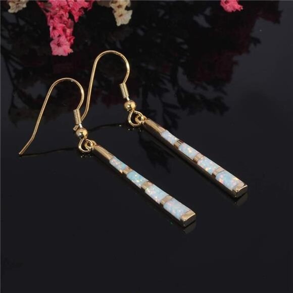Dangle Earring-Opal Drop Earrings Silver Plated or Gold Plated Dangle - Picture 3 of 7